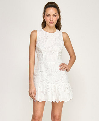 Juniors' Sleeveless Floral Embroidered Lace Crew Neck Dress | Macy's