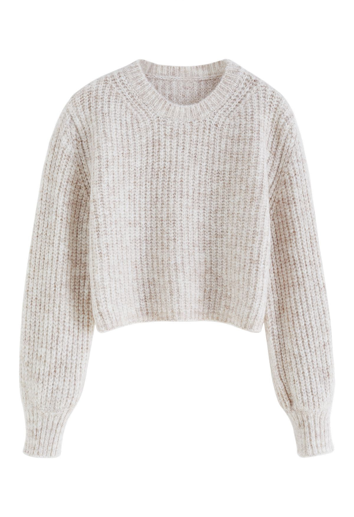 Round Neck Crop Knit Sweater in Oatmeal | Chicwish