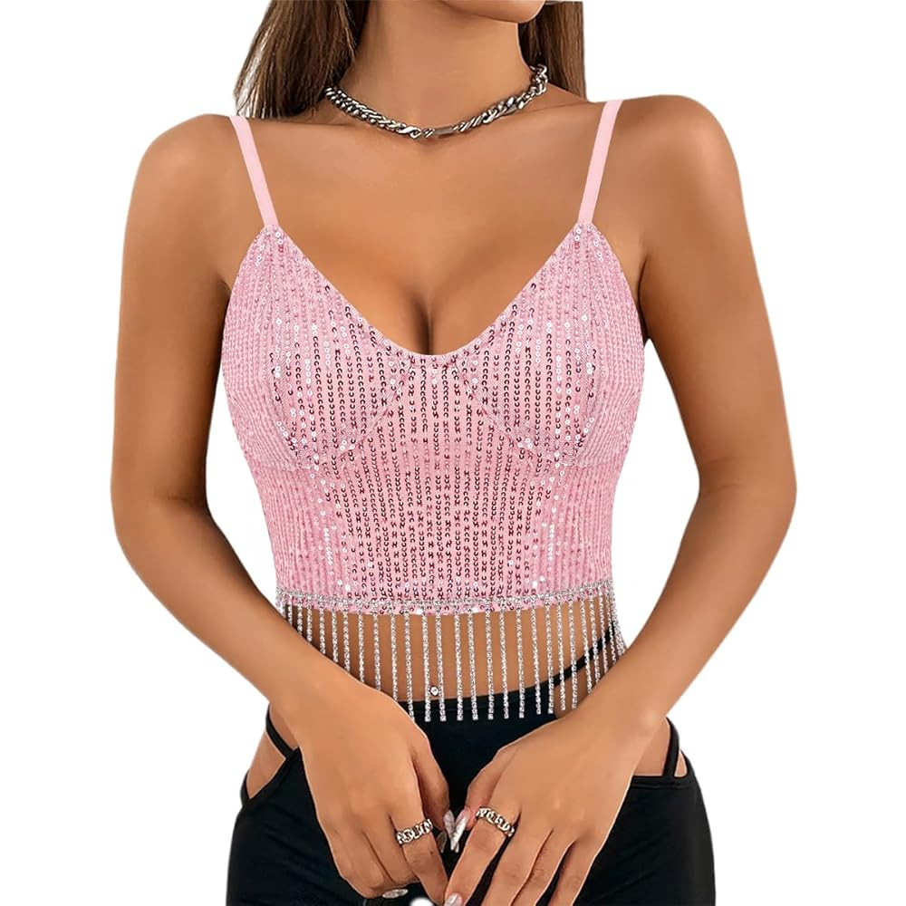 Haoohu Women's Sparkly Sequin Spaghetti Strap Crop Top Sleeveless V Neck Rave Tank Vest Clubwear | Amazon (US)