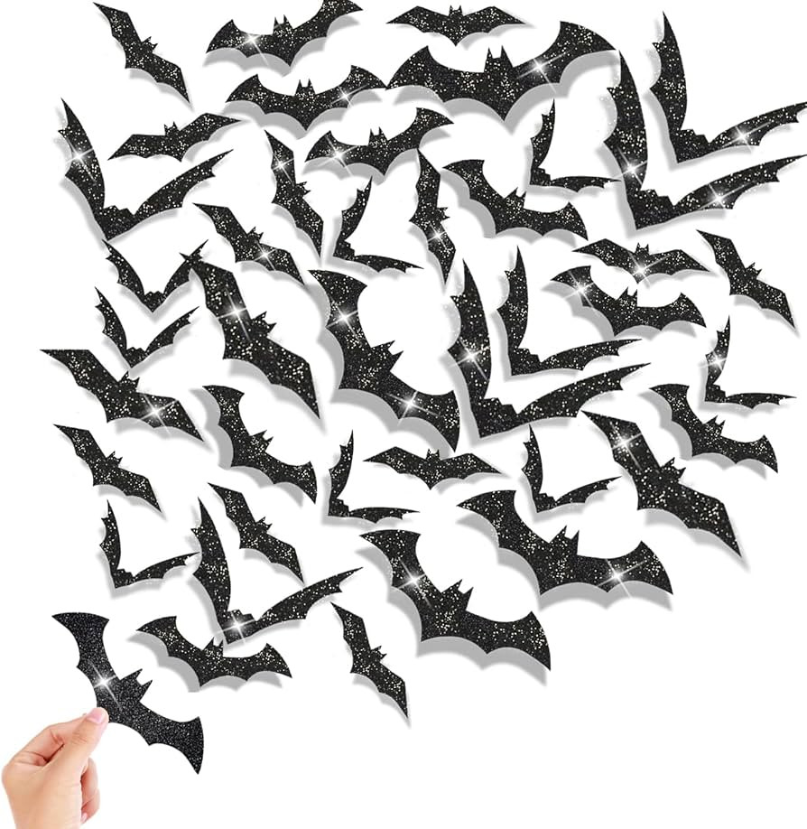FOIMAS 144pcs Halloween Bat Wall Decor,3D Black Glitter Bats Wall Stickers Decal for Halloween Ho... | Amazon (US)