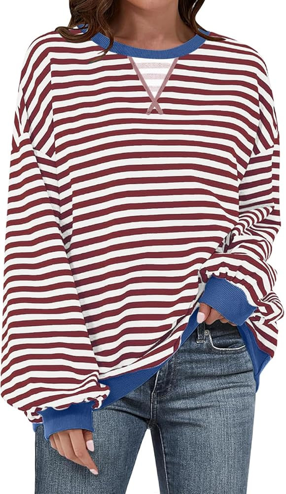 UEU Women Oversized Striped Crewneck Sweatshirt Long Sleeve Color Block Pullover Tops Casual Loos... | Amazon (US)