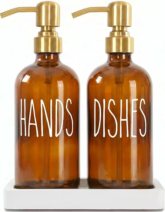 Soap Dispenser Set with Ceramic Tray, Amber & Gold | Amazon (US)