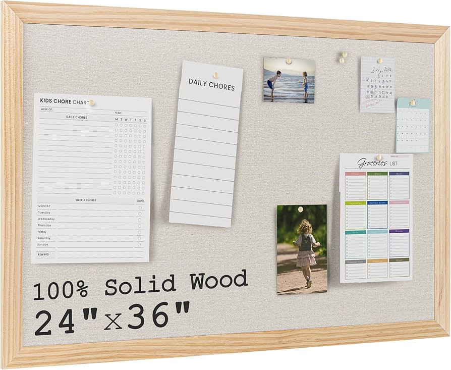 Bulletin Board Cork Board with Linen, 100% Wood Framed 24" x 36" Bulletin Board Decorations, Pin ... | Amazon (US)