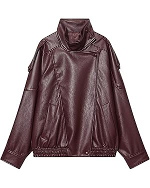 FindThy Women’s Oversized Faux Leather Jacket Casual High Collar Long Sleeve Zip Up Fall Fashio... | Amazon (US)
