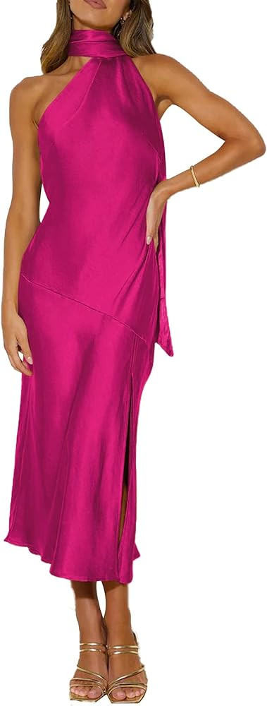 Sexyshine Women's Elegant Halter Tie Neck Sleeveless Satin Long Dress Backless Split Cocktail Par... | Amazon (US)