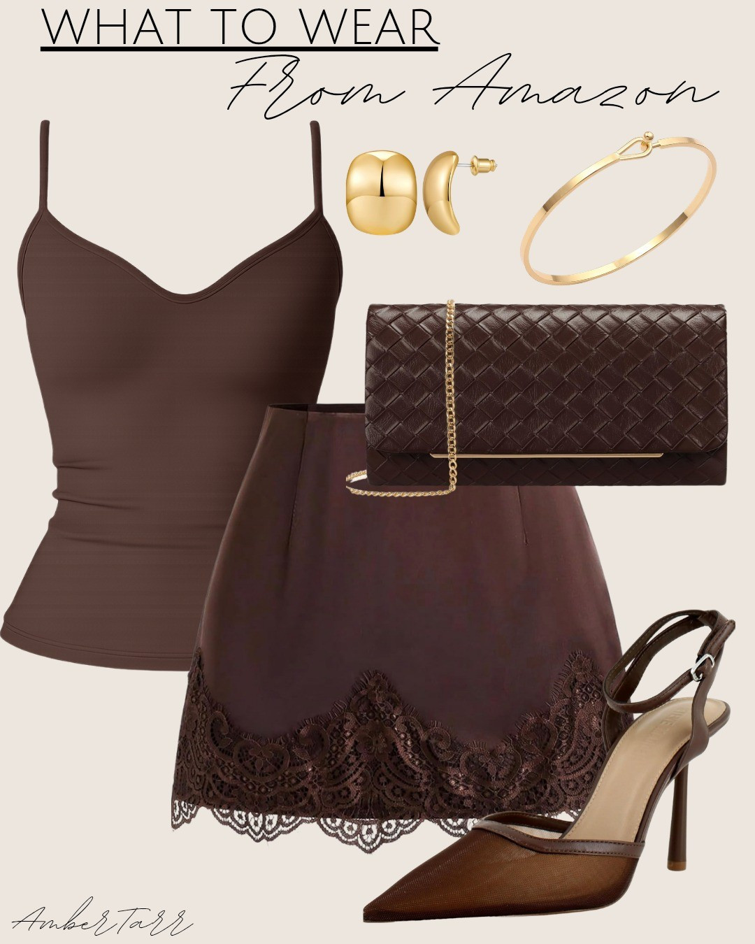 Chocolate brown date night outfit from Amazon that looks incredibly expensive without the price tag. A fitted brown tank top paired with a satin lace hem mini skirt, a woven leather clutch bag, pointed toe brown slingback heels, gold dome stud earrings, and a delicate gold bangle bracelet. this monochromatic look is rich, sophisticated, and perfect for a dinner date or a night out where you want to feel effortlessly elegant.

#LTKgrwm #LTKootd #LTKOver40