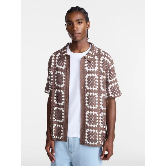No Boundaries Men's Faux Crochet Pattern Boxy Fit Button Through Sweater Polo, Sizes XS-3XL | Walmart (US)