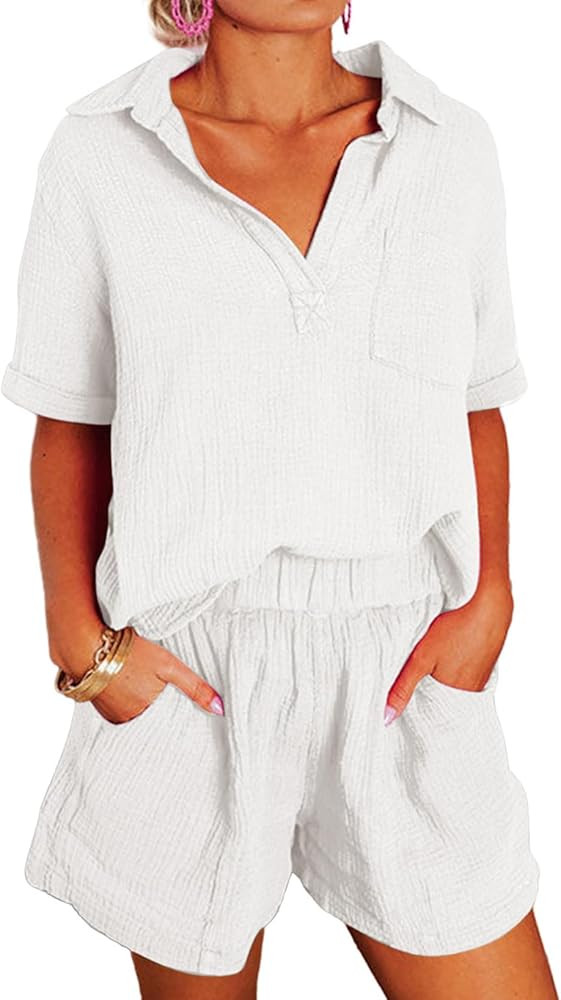 Dokotoo Women's Two Piece Outfits V Neck Short Sleeve Shirts and High Waist Shorts Lounge Sets | Amazon (US)
