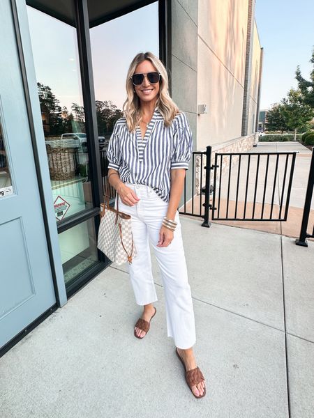 Comment FUN to shop this look🤍Loving these straight leg white jeans paired with a crisp striped spring top & sandals. Sized down in the pants. 
Paige & I had the best night @buffcity making custom bath bombs. Have yall been before? All of their products are plant based with no harsh chemicals. I love their laundry detergent. I get the scent narcissist & it makes everything feel so clean while smelling🤩 You can take your container back to refill for a discount too! If you need gifts def check them out. We are huge fans over here  

#LTKfindsunder50 #LTKstyletip #LTKfindsunder100