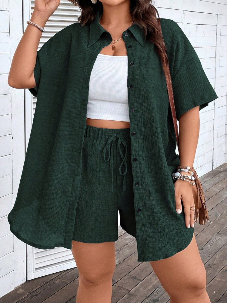 Momelise Plus Size Women Solid Color Drop Shoulder Short Sleeve Single-Breasted Shirt And Shorts Casual 2-Piece Set | SHEIN