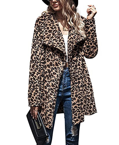 chouyatou Women's Warm Open Front Faux Fur Lapel Leopard Print Jacket Overcoat (Large, Leopard) | Amazon (US)