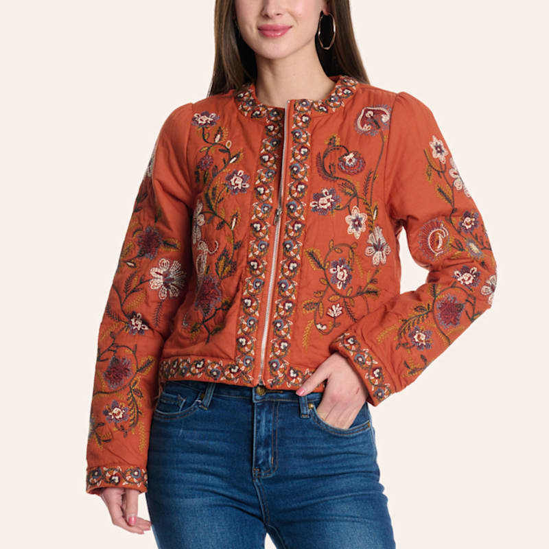 Blue B Women's Burnt Orange Floral Embroidered Cropped Jacket | Cavender's