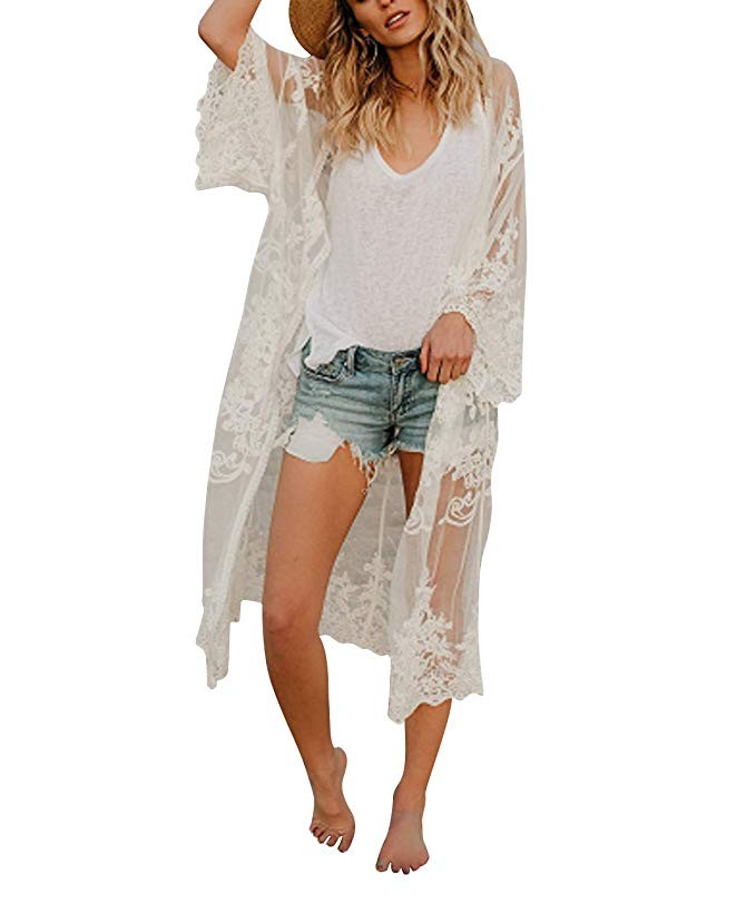 Women’s Bathing Suit Kimono Beach Cover Up Lace Crochet Pool Swimwear | Amazon (US)