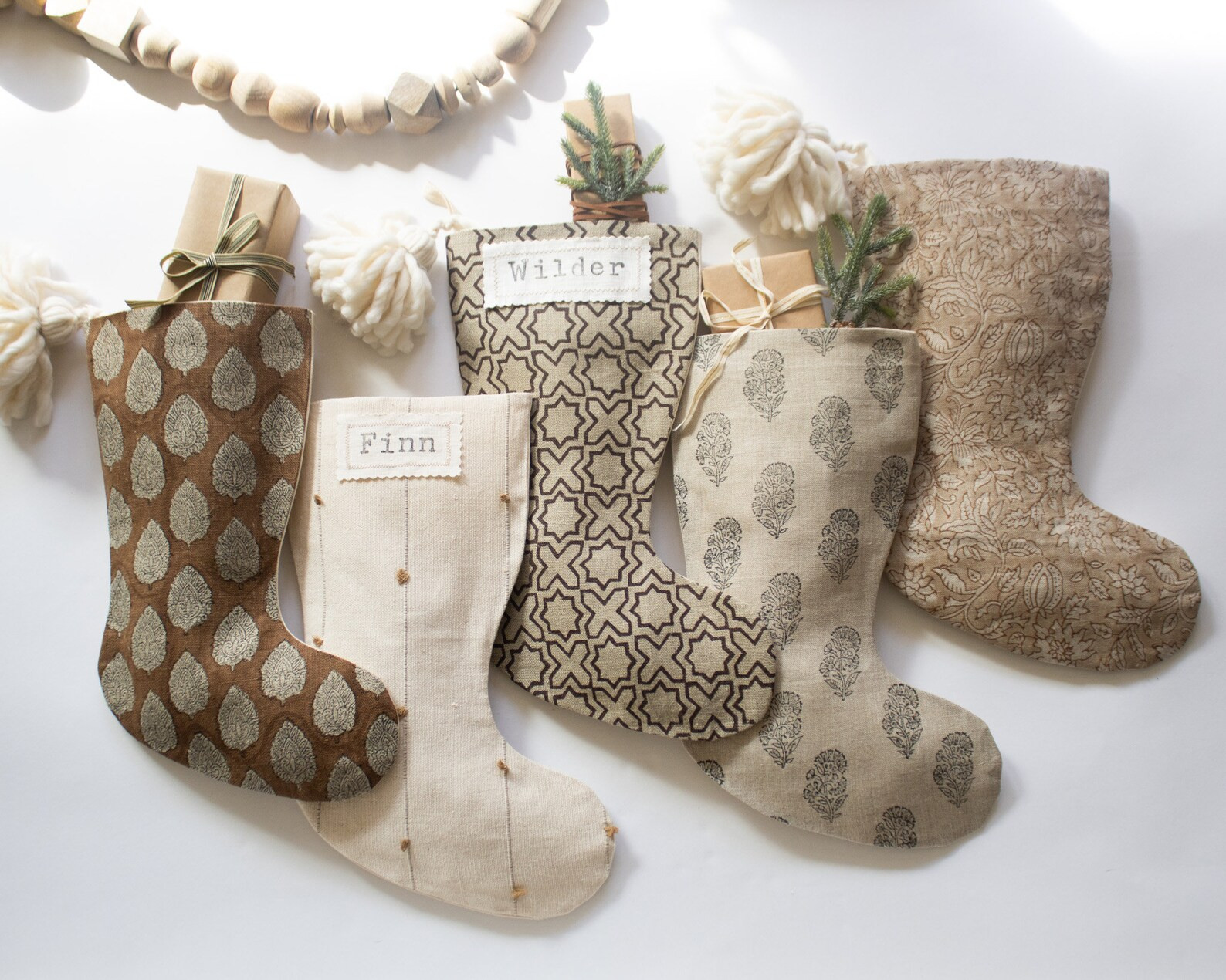 Neutral Christmas Stockings with Pom Pom Tassel, Modern Boho Block Print Kantha Stocking Christma... | Etsy (US)