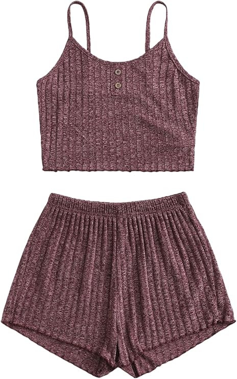SheIn Women's 2 Piece Sleeveless Button Crop Tank Tops and Shorts Lounge Set | Amazon (US)