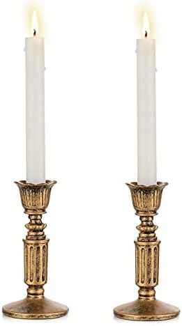 Vintage Candlestick Candle Holder for Taper - Distressed Rustic Gold Resin Candleholder Set of 2 for | Amazon (US)