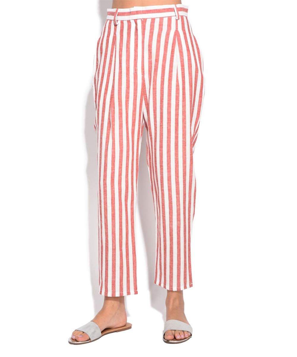 YOURS Women's Casual Pants RED - Red Stripe Linen Straight-Leg Pants - Women | Zulily