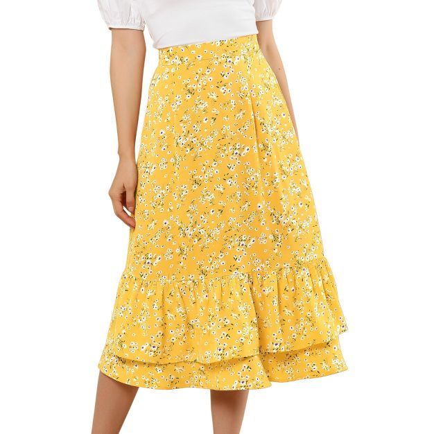 Allegra K Women's Printed Skirt Chiffon Elastic Waist Ruffle Tiered Flowy Midi Skirts | Target