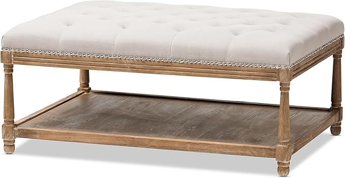 Baxton Studio Valensole French Country Weathered Oak Rectangular Coffee Table Ottoman, Beige Line... | Amazon (US)