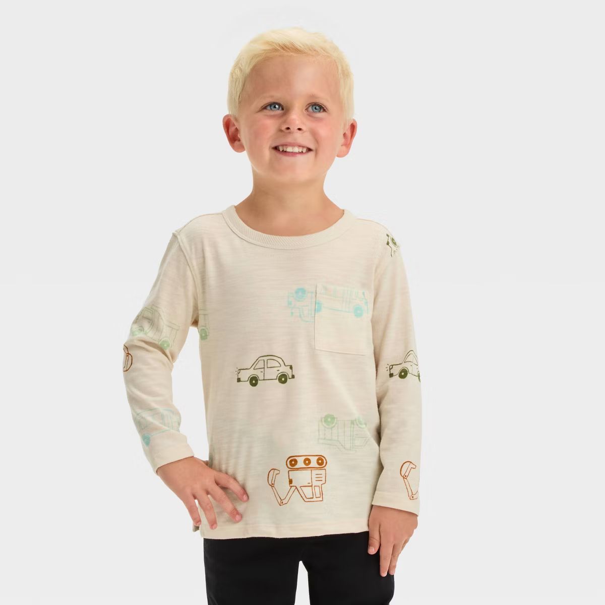 Toddler Boys' Long Sleeve Vehicle Printed Boxy Fit T-Shirt - Cat & Jack™ Off-White | Target