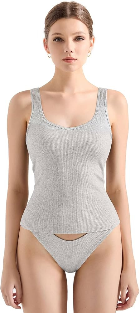 SUUKSESS Women Cotton Ribbed Built in Bra Tank Tops Summer Casual Basic Top | Amazon (US)