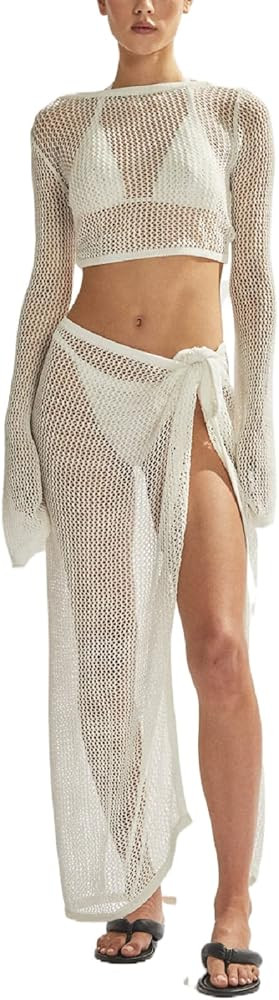 Women Crochet 2 Piece Maxi Skirt Cover Up Sets Y2k Backless Hollow Out Knit Outfits Sexy Bikini S... | Amazon (US)