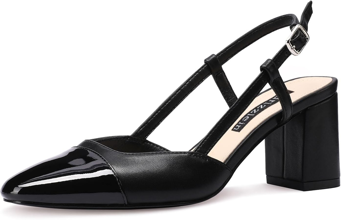 Adrizzlein Womens Slingback Pumps Ankle Buckle Two Toned Chunky Heels Cap Round Toe Work Heels | Amazon (US)