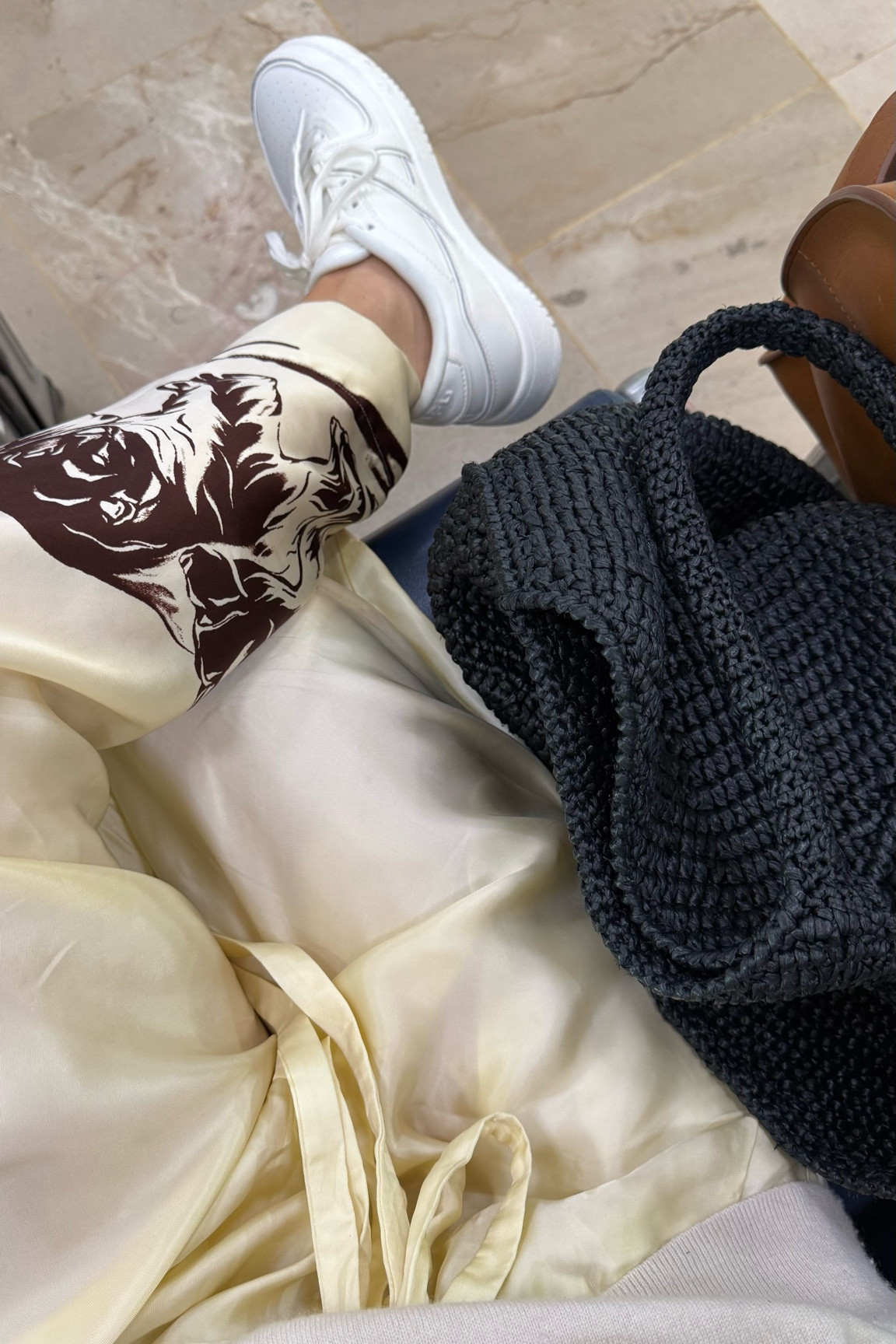 Highly recommend traveling in a silky pant.  And these sneakers — so comfy!! 
 