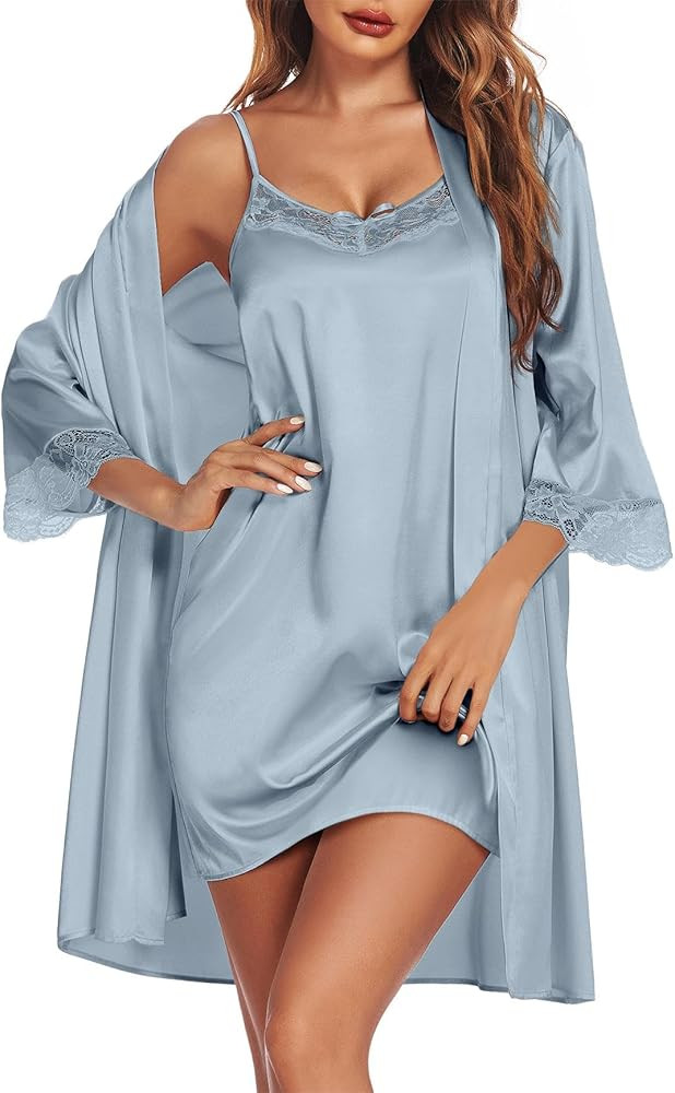 Ekouaer Sleepwear Women's Satin Nightgown with Robes Set 2 Piece Sexy Lace Cami Nightwear | Amazon (US)