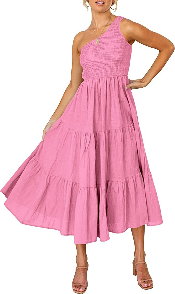 LOGENE Women's One Shoulder Sleeveless Casual Summer Dresses Smocked High Waist Boho Pleated Swing M | Amazon (US)