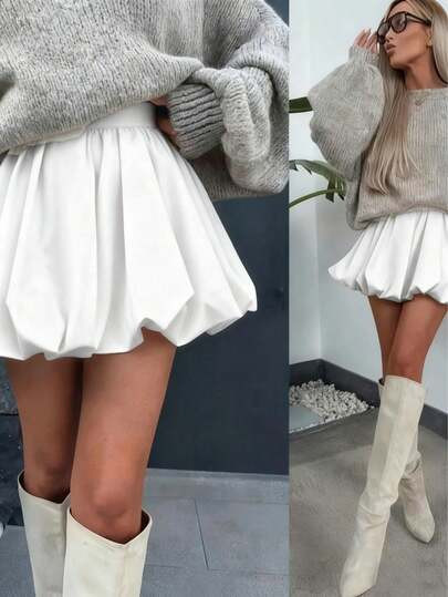 Solstice Apparel Plus Size Bubble Pleated High Waist A-Line Mini Skirt, White Matte Fabric, Commu... | SHEIN