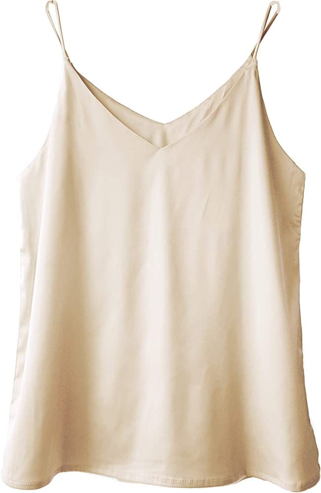 Wantschun Womens Silk Satin Camisole Cami Plain Strappy Vest Top T-Shirt Blouse Tank Shirt V-Neck... | Amazon (US)