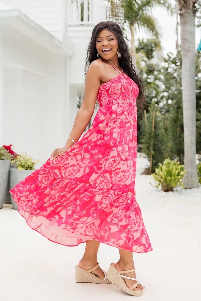 Until Next Time Red Multi Halter Neck Printed Dress | Pink Lily