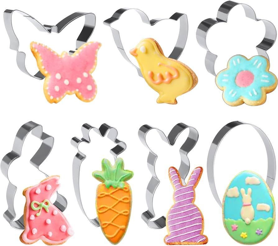 DERAYEE Easter Cookie Cutters, 7 Pcs Stainless Steel Cutters Set, Bunny Egg Chick Carrot Flower B... | Amazon (US)