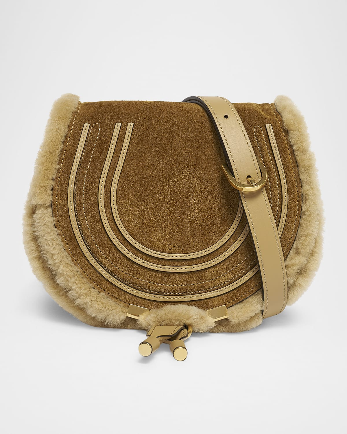 Marcie Shearling-Trim Suede Saddle Crossbody Bag | Neiman Marcus
