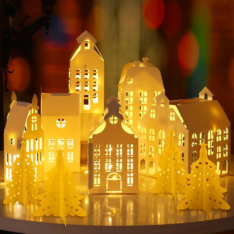 10 Pcs 3D Christmas Village Houses Sets White Winter Village with Light Xmas Houses and Trees Lan... | Amazon (US)