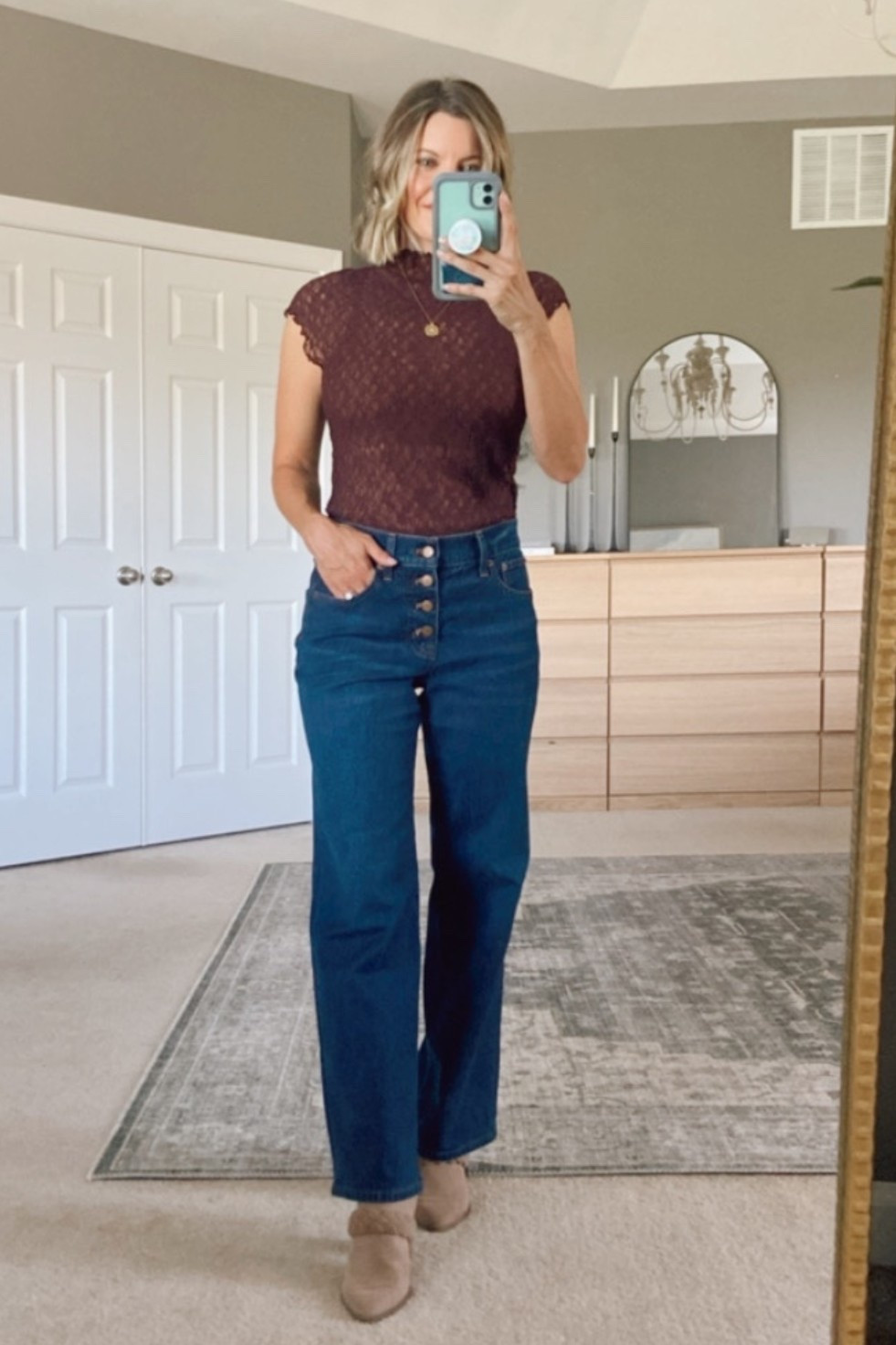 Lace blouse in pretty dark burgundy color
See-through, pair with a brown cami underneath 😉
#datenight


#LTKPetite #LTKOver40 #LTKFindsUnder50