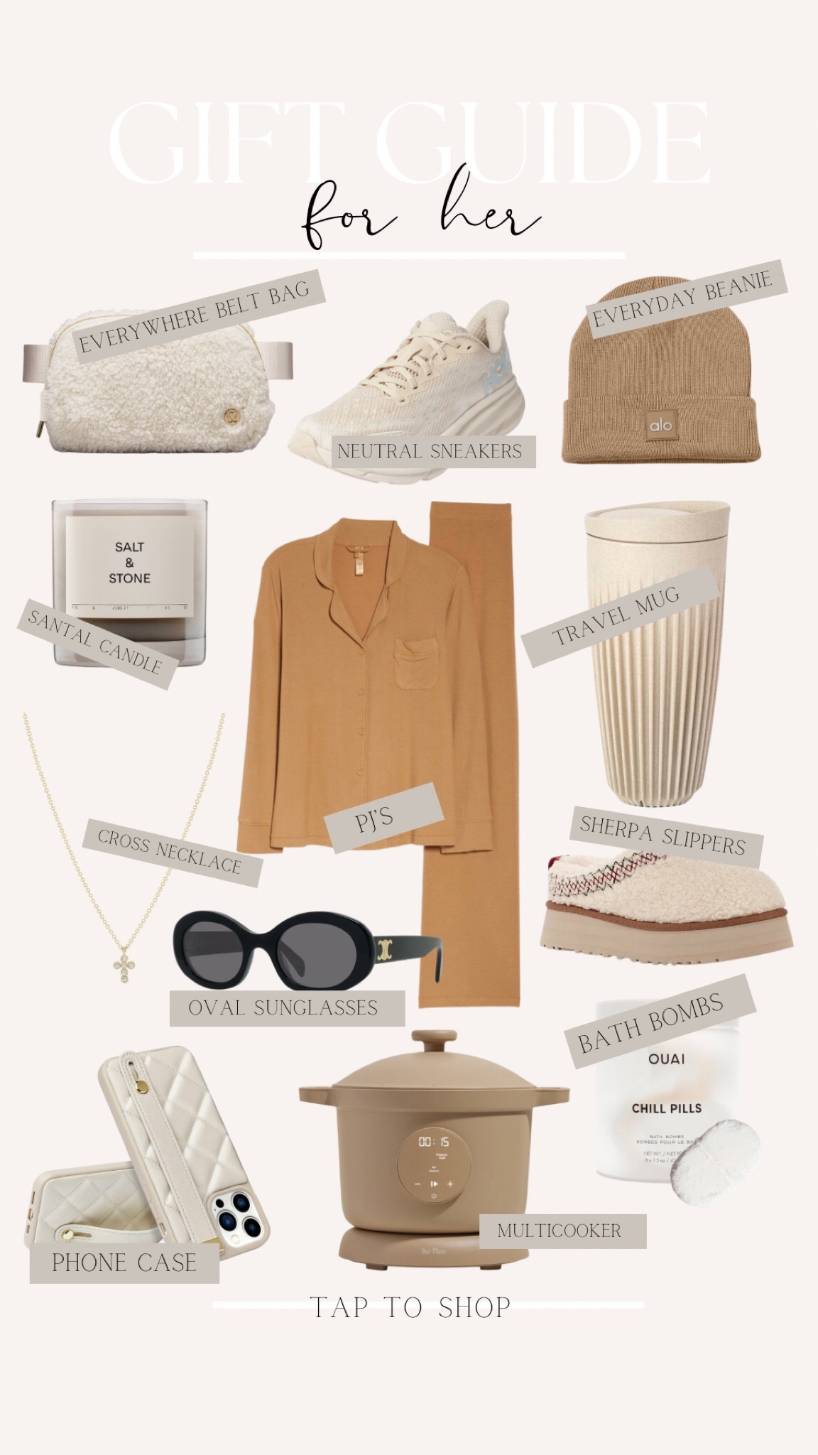 Gift Guide for her //
gift ideas, gifts for her, holiday gift ideas, holiday 2023, gifts 2023, Lululemon belt bag, oval sunglasses, uggs, candle, travel mug, neutral sneakers, Hoka, multicooker 

#LTKfindsunder100 #LTKGiftGuide #LTKHoliday