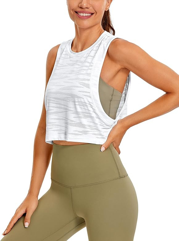 Amazon.com: CRZ YOGA Workout Tank Top for Women High Neck Sleeveless Mesh Top Loose Cropped Top R... | Amazon (US)