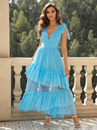 Joyfunear Plunging Neck Tie Shoulder Ruffle Hem Mesh Overlay Dress | SHEIN