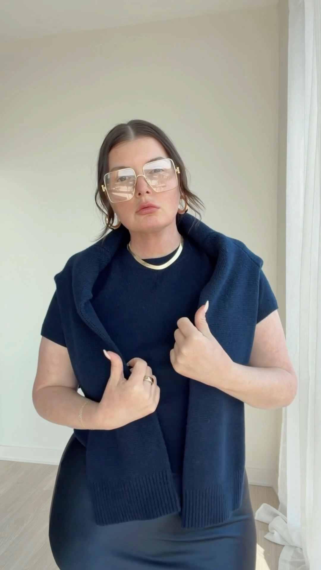 @onequince has amazing chic staples for your wardrobe.

In this navy cashmere and satin outfit I’m wearing my true size in all pieces.

#quincepartner 

#LTKgrwm #LTKootd #LTKTravel