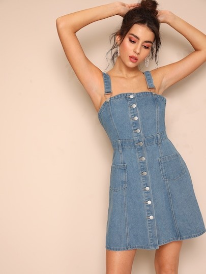 Button Front Denim Overall Dress With Adjustable Strap | SHEIN