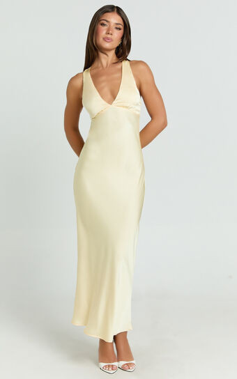 Khalani Midi Dress - Deep V Neck Satin Slip Dress in Butter Yellow | Showpo (US, UK & Europe)