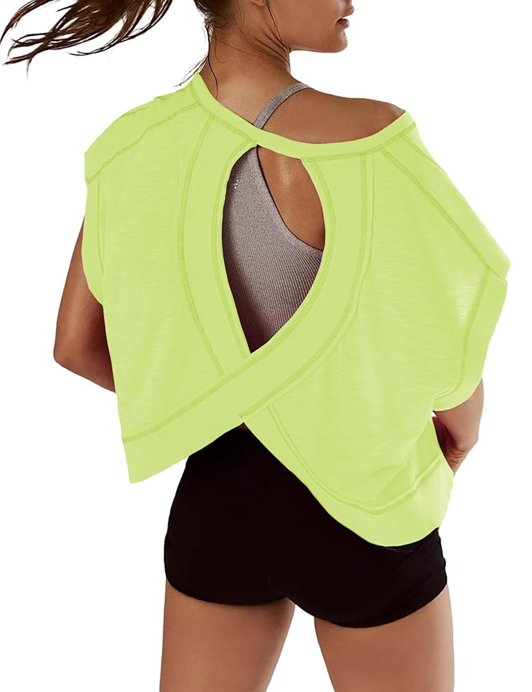 Women Short Sleeve Workout Shirts Open Back Tops Casual Yoga Y2k Athletic Gym Slouchy Crop Runnin... | Amazon (US)