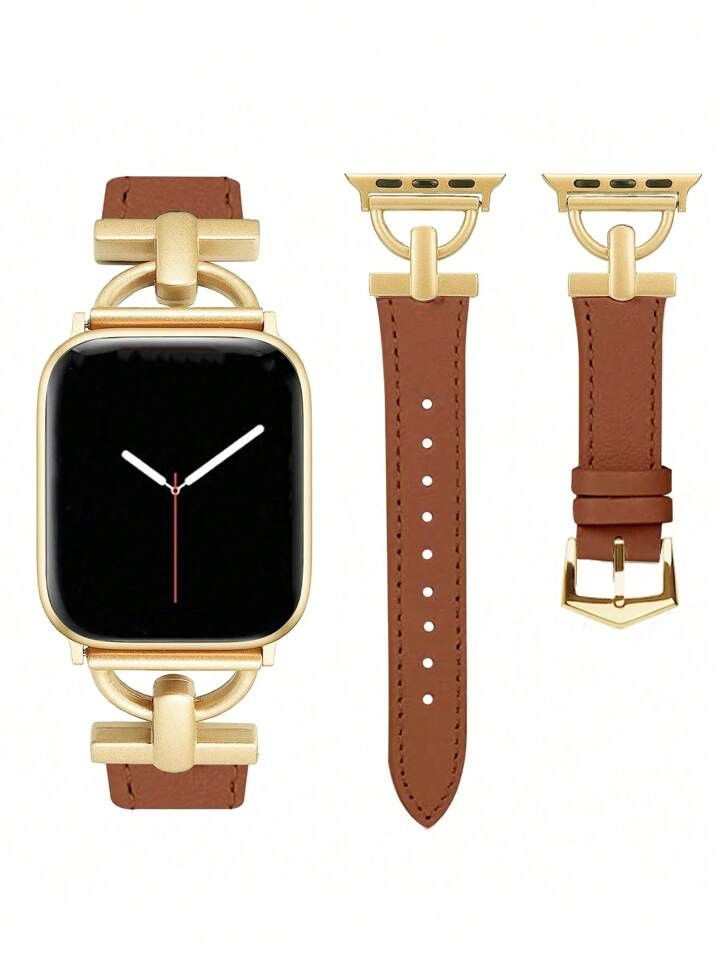 Fashion Luxury Brand Design D-Letter Gold Metal Decor Soft Leather Brown Leather Band Compatible ... | SHEIN