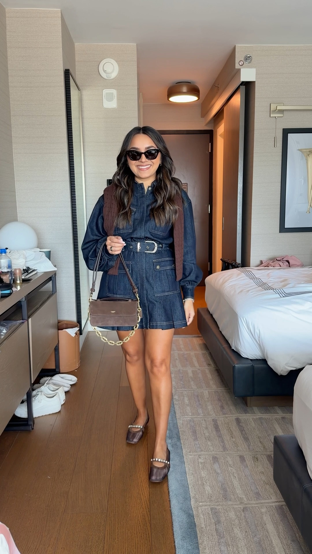 Denim dress size 2 TTS
Flats size 5.5 TTS 
Brown cardigan size xxs TTS

#LTKPetite #LTKNYFW #LTKootd