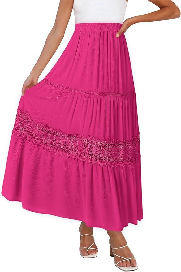 MEROKEETY Women's Boho Elastic High Waist Pleated A-line Ruffle Lace Trim Tiered Midi Maxi Skirt ... | Amazon (US)