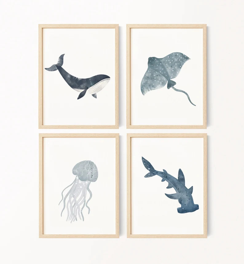 Ocean Print Wall Art, Nautical Kids Room, Watercolor Digital Print, Whale Shark Jellyfish Stingra... | Etsy (US)