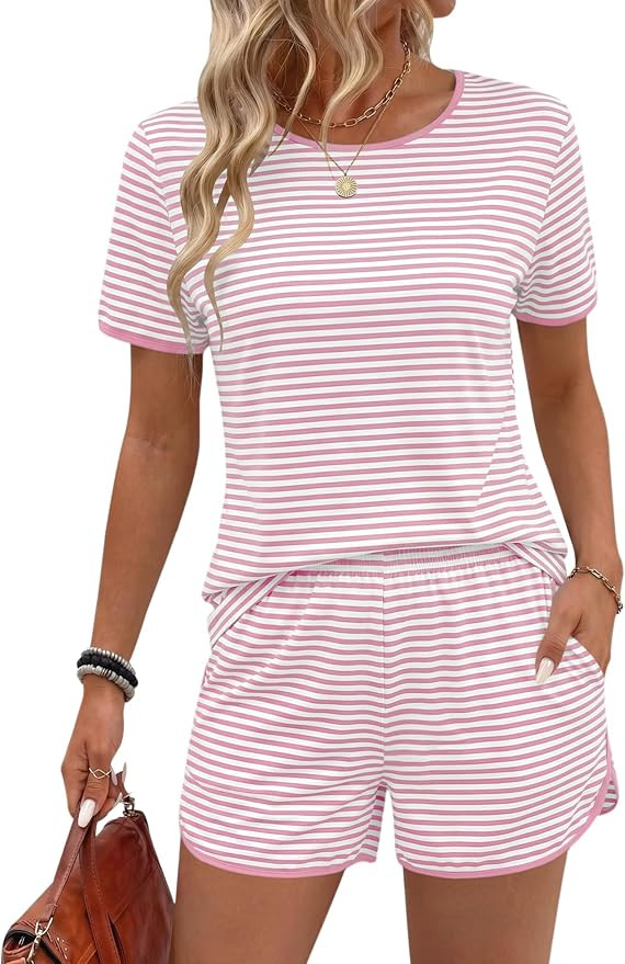 Rapbin Womens Pajama Sets 2026 Spring Summer Ladies Striped Short Sleeve 2 Piece Shorts Set Crew ... | Amazon (US)