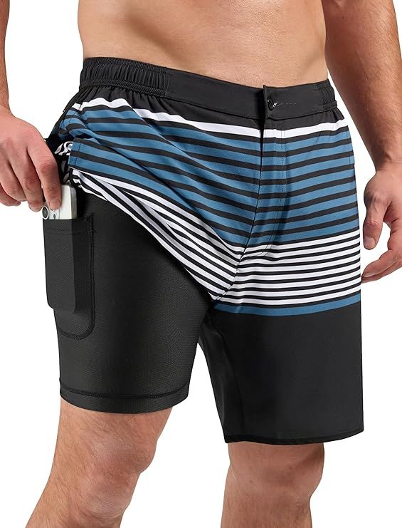 SILKWORLD Mens 2 in 1 Swim Trunks Quick Dry 7 Inch Beach Shorts with Compression Liner and Pocket... | Amazon (US)